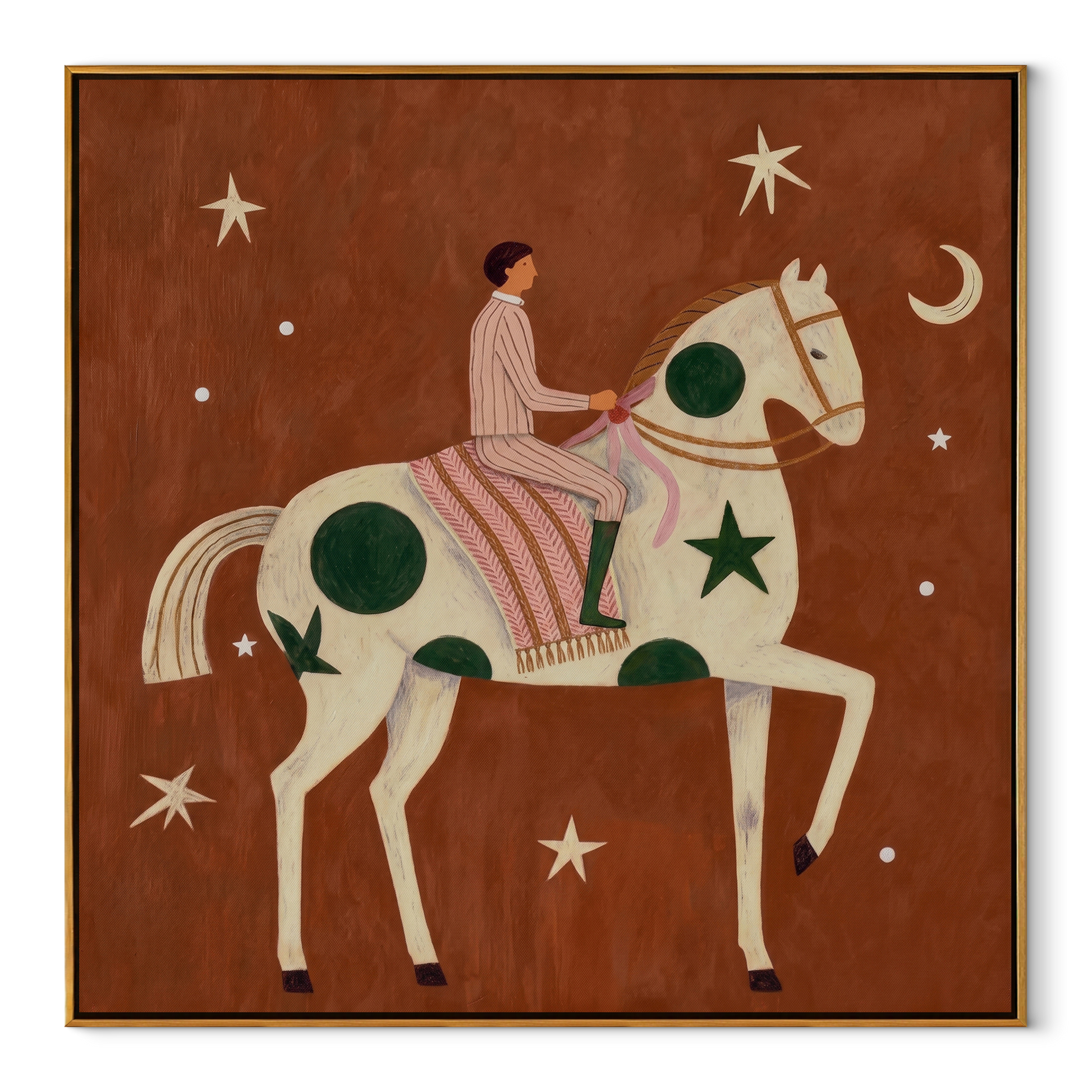 Green Moons Carry Rose - moon star horse painting by Elliot Vale, modern figurative square wall art - framed artwork on white background
