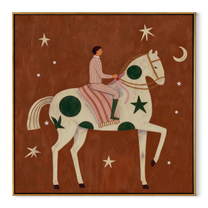 Green Moons Carry Rose - moon star horse painting by Elliot Vale, modern figurative square wall art - framed artwork on white background