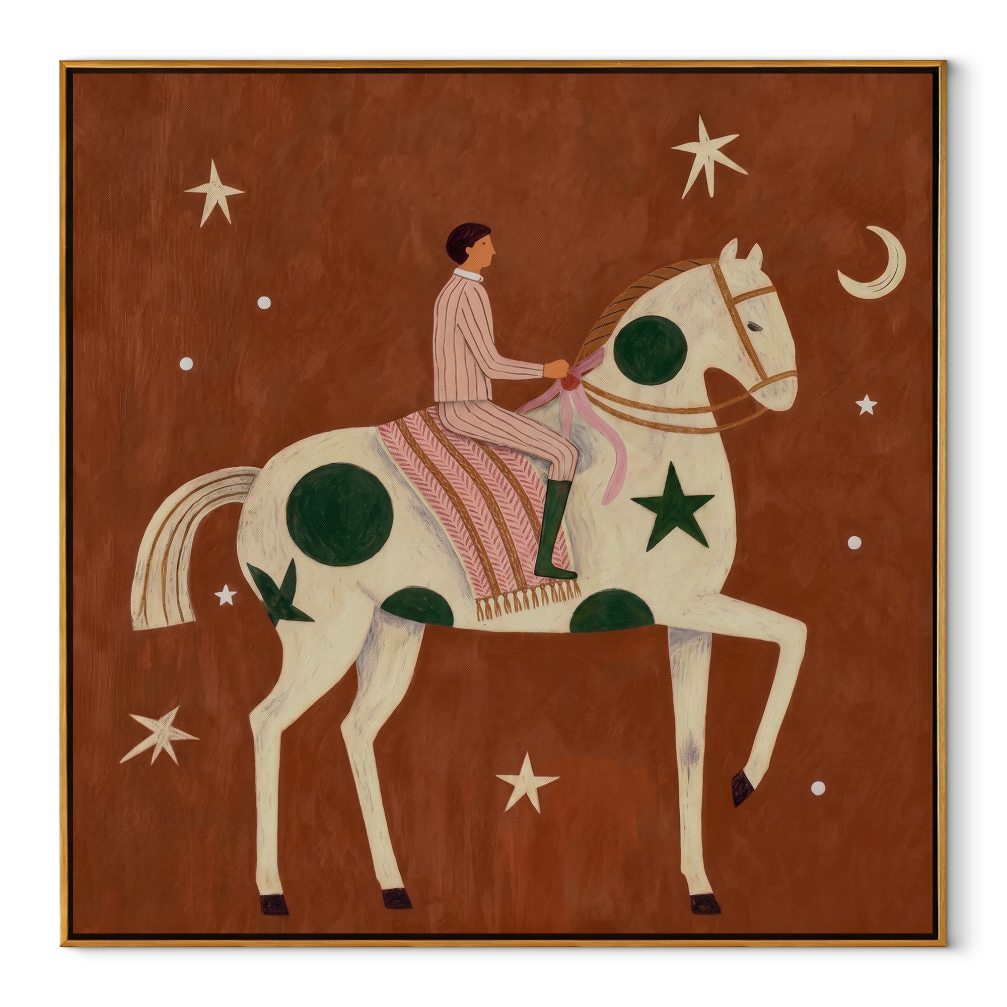 Green Moons Carry Rose - moon star horse painting by Elliot Vale, modern figurative square wall art - framed artwork on white background