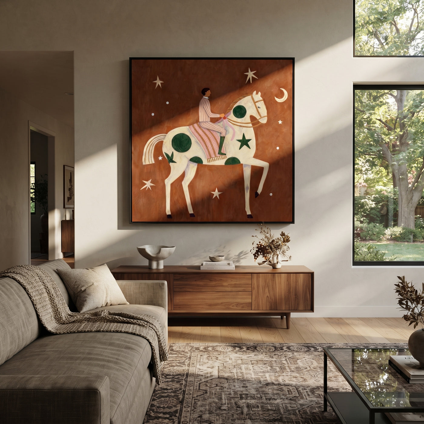 Green Moons Carry Rose - moon star horse painting by Elliot Vale, modern figurative square wall art - styled room scene view 2