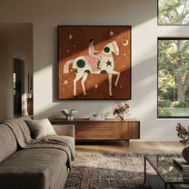 Green Moons Carry Rose - moon star horse painting by Elliot Vale, modern figurative square wall art - styled room scene view 2