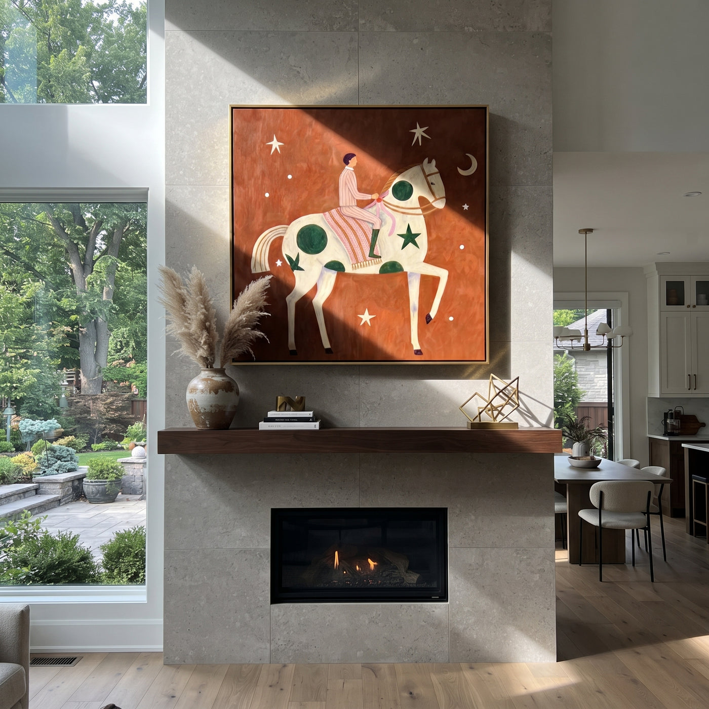Green Moons Carry Rose - moon star horse painting by Elliot Vale, modern figurative square wall art - styled room scene view 3