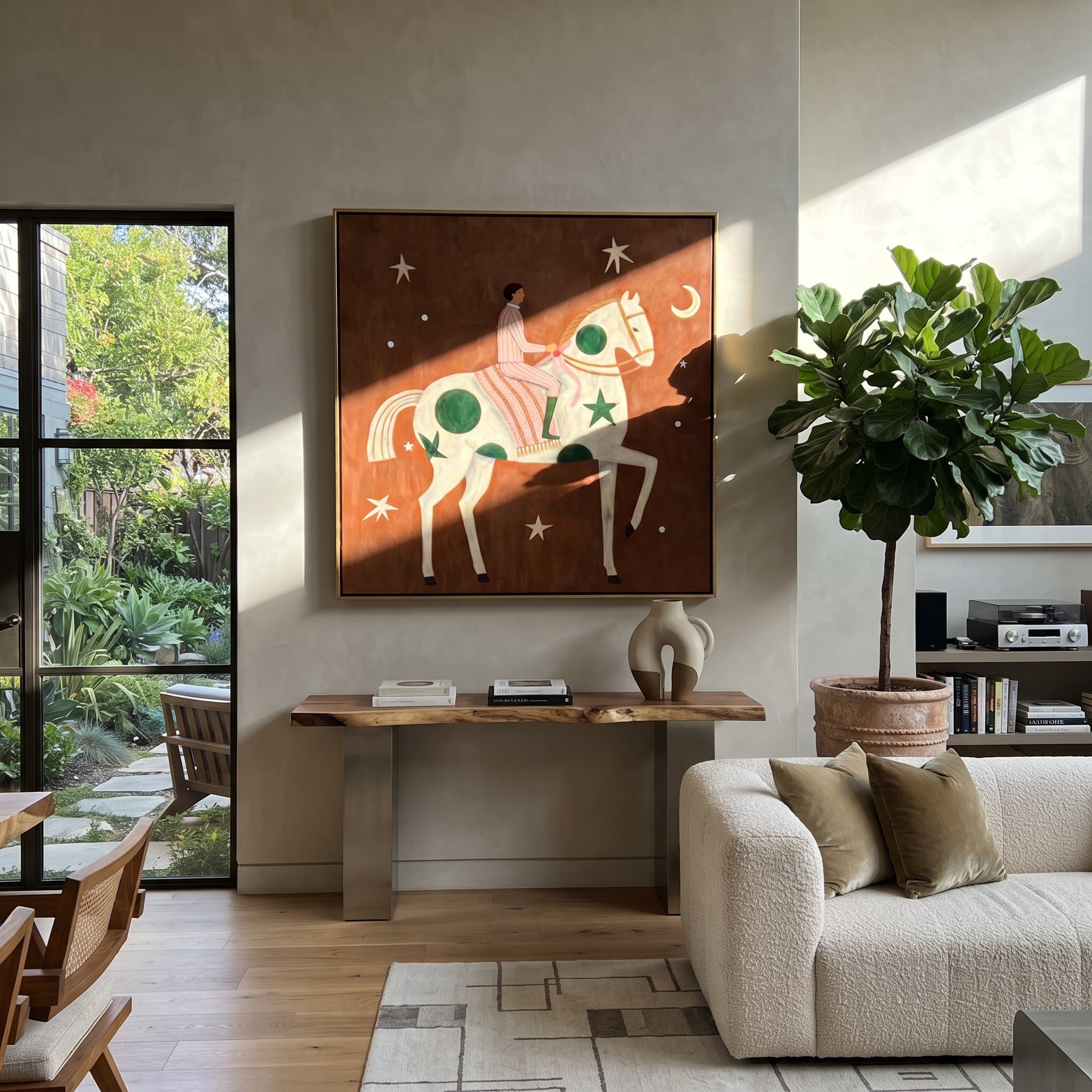 Green Moons Carry Rose - moon star horse painting by Elliot Vale, modern figurative square wall art - styled room scene view 4