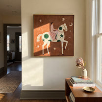 Green Moons Carry Rose - moon star horse painting by Elliot Vale, modern figurative square wall art - styled room scene view 5