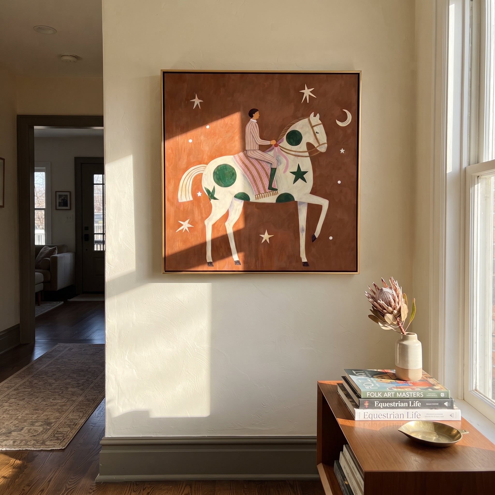 Green Moons Carry Rose - moon star horse painting by Elliot Vale, modern figurative square wall art - styled room scene view 5