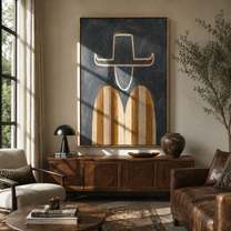 Amber Stripes Float Gray - minimal striped figure painting by Elliot Vale, modern figurative vertical wall art - styled room scene view 1
