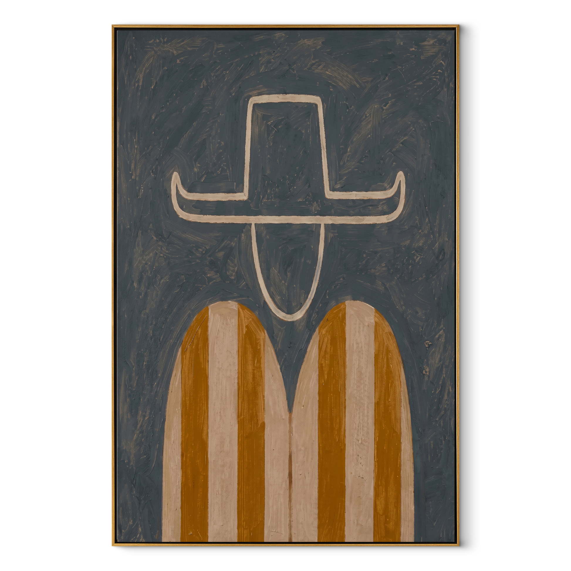 Amber Stripes Float Gray - minimal striped figure painting by Elliot Vale, modern figurative vertical wall art - framed artwork on white background