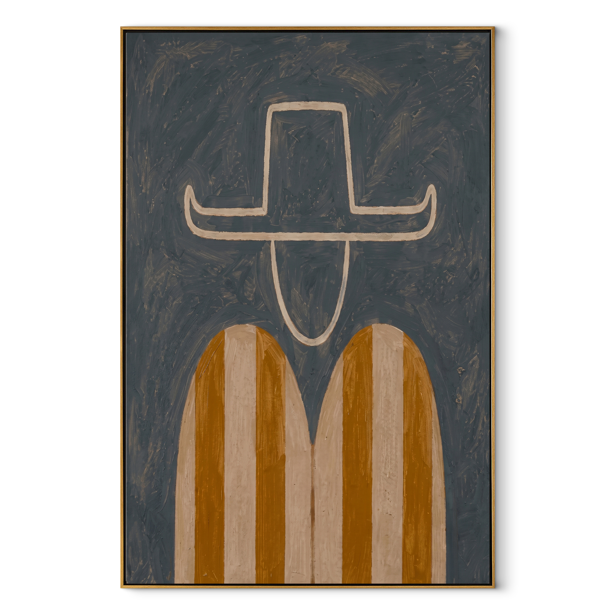 Amber Stripes Float Gray - minimal striped figure painting by Elliot Vale, modern figurative vertical wall art - framed artwork on white background