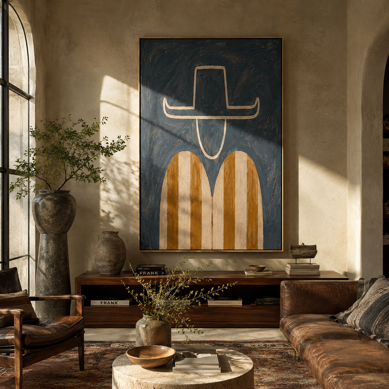 Amber Stripes Float Gray - minimal striped figure painting by Elliot Vale, modern figurative vertical wall art - styled room scene view 2