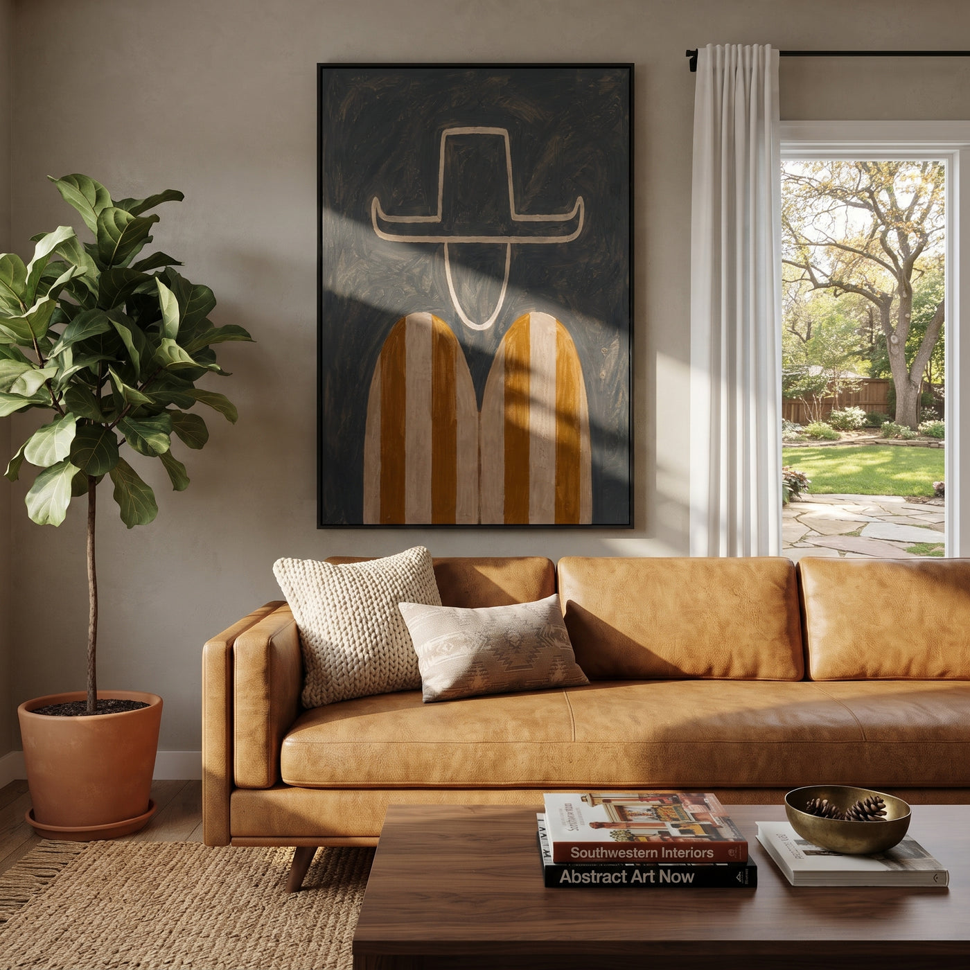 Amber Stripes Float Gray - minimal striped figure painting by Elliot Vale, modern figurative vertical wall art - styled room scene view 3
