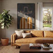Amber Stripes Float Gray - minimal striped figure painting by Elliot Vale, modern figurative vertical wall art - styled room scene view 3