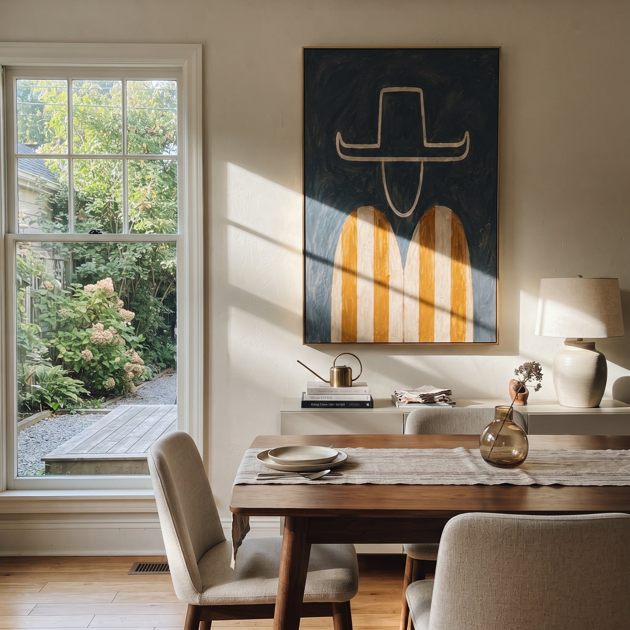 Amber Stripes Float Gray - minimal striped figure painting by Elliot Vale, modern figurative vertical wall art - styled room scene view 4