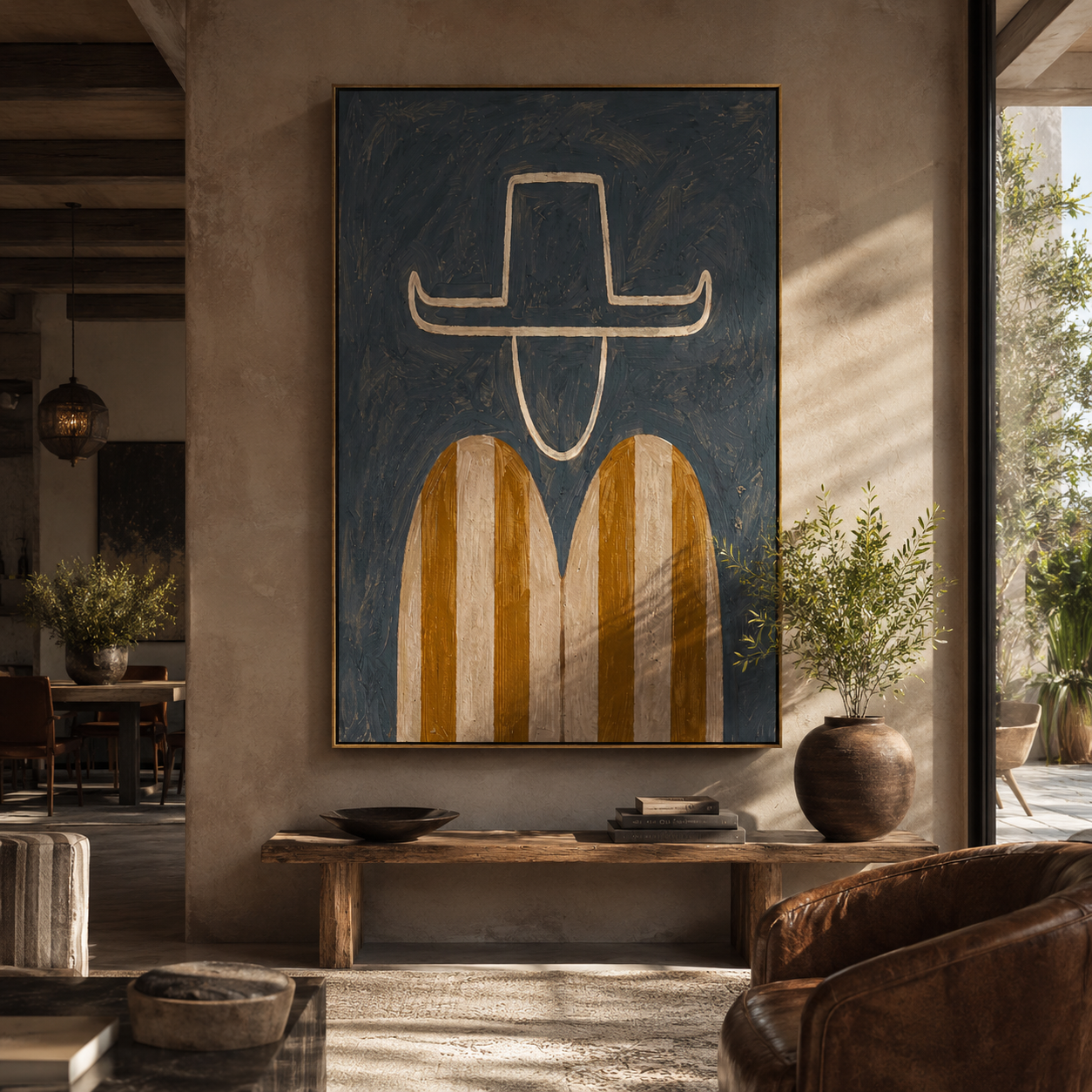 Amber Stripes Float Gray - minimal striped figure painting by Elliot Vale, modern figurative vertical wall art - styled room scene view 5