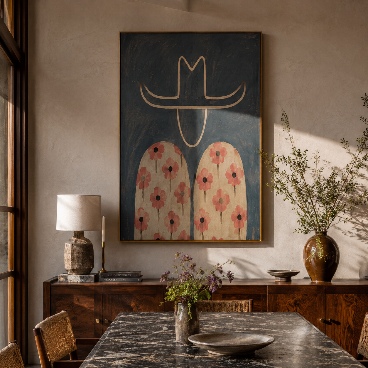 Pink Flowers Cross Blue - floral shirt figure painting by Elliot Vale, modern figurative vertical wall art - styled room scene view 1