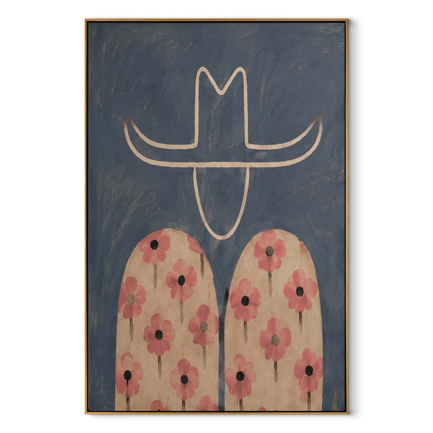 Pink Flowers Cross Blue - floral shirt figure painting by Elliot Vale, modern figurative vertical wall art - framed artwork on white background