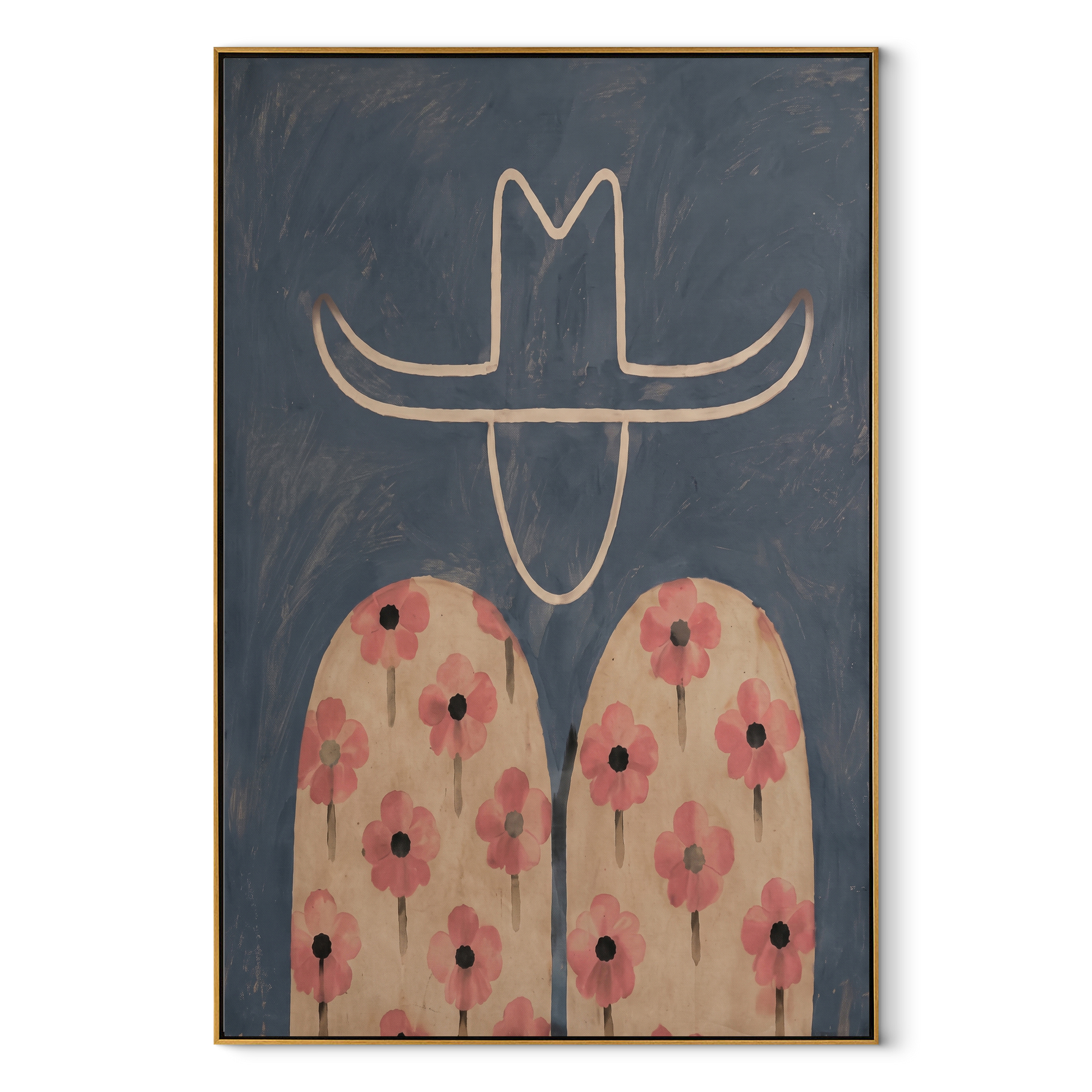 Pink Flowers Cross Blue - floral shirt figure painting by Elliot Vale, modern figurative vertical wall art - framed artwork on white background