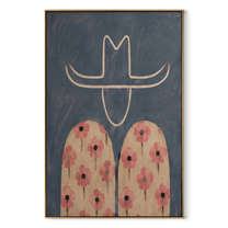Pink Flowers Cross Blue - floral shirt figure painting by Elliot Vale, modern figurative vertical wall art - framed artwork on white background