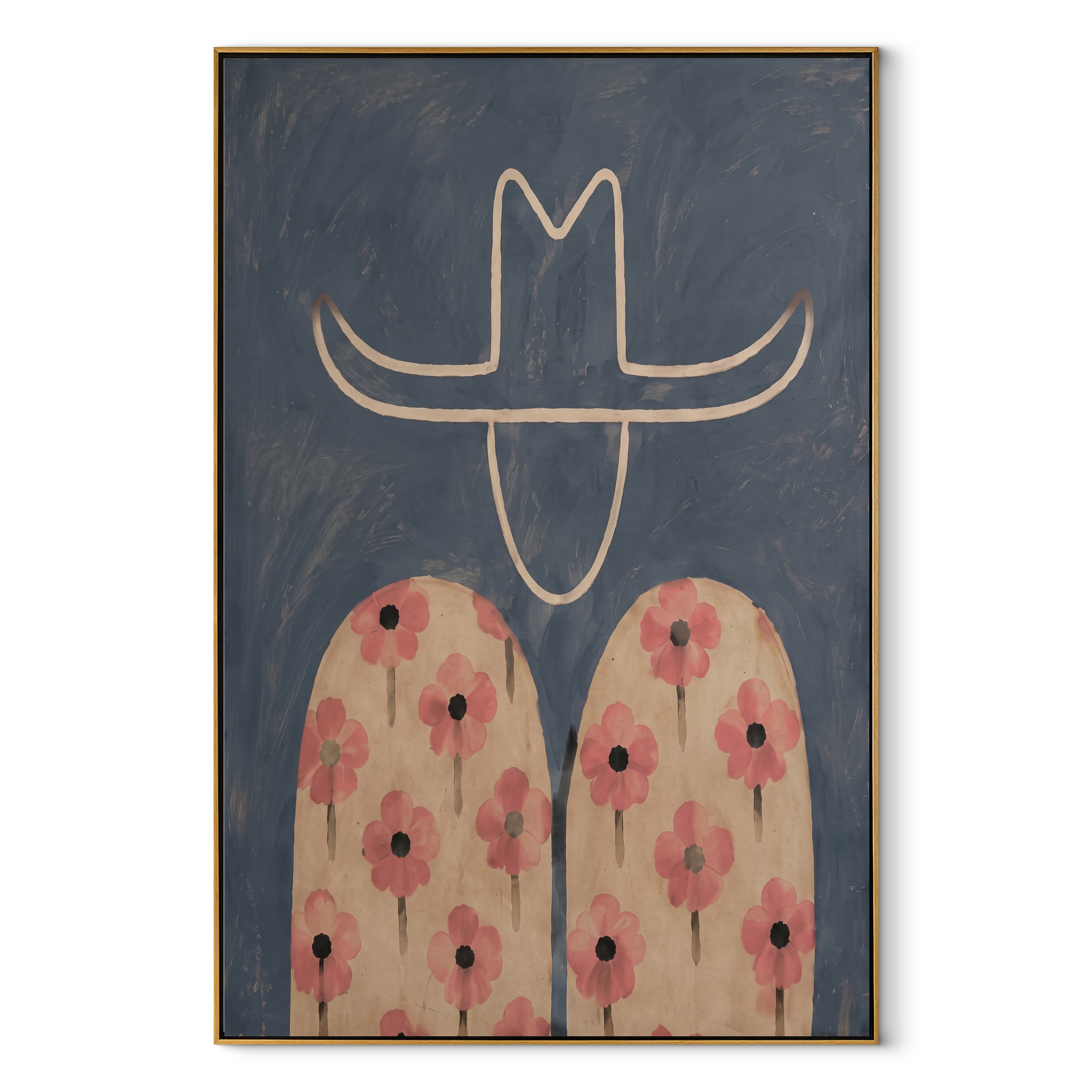 Pink Flowers Cross Blue - floral shirt figure painting by Elliot Vale, modern figurative vertical wall art - framed artwork on white background