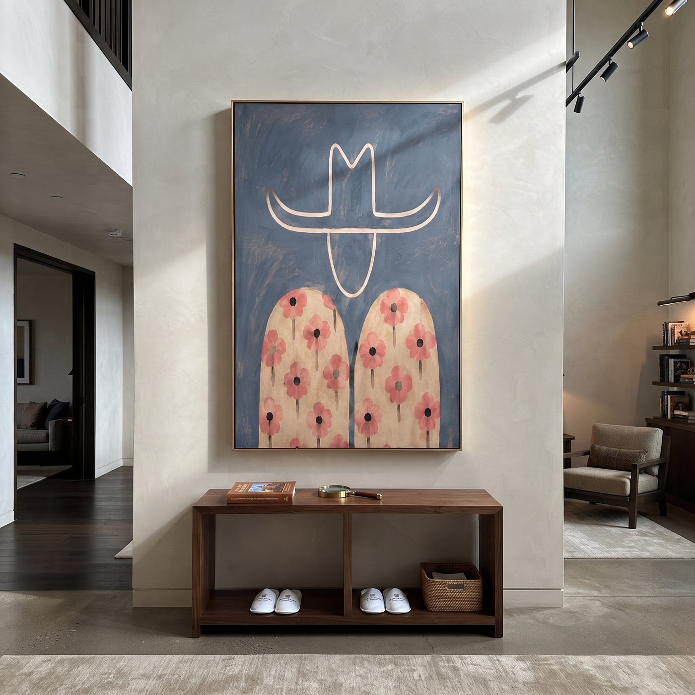 Pink Flowers Cross Blue - floral shirt figure painting by Elliot Vale, modern figurative vertical wall art - styled room scene view 2