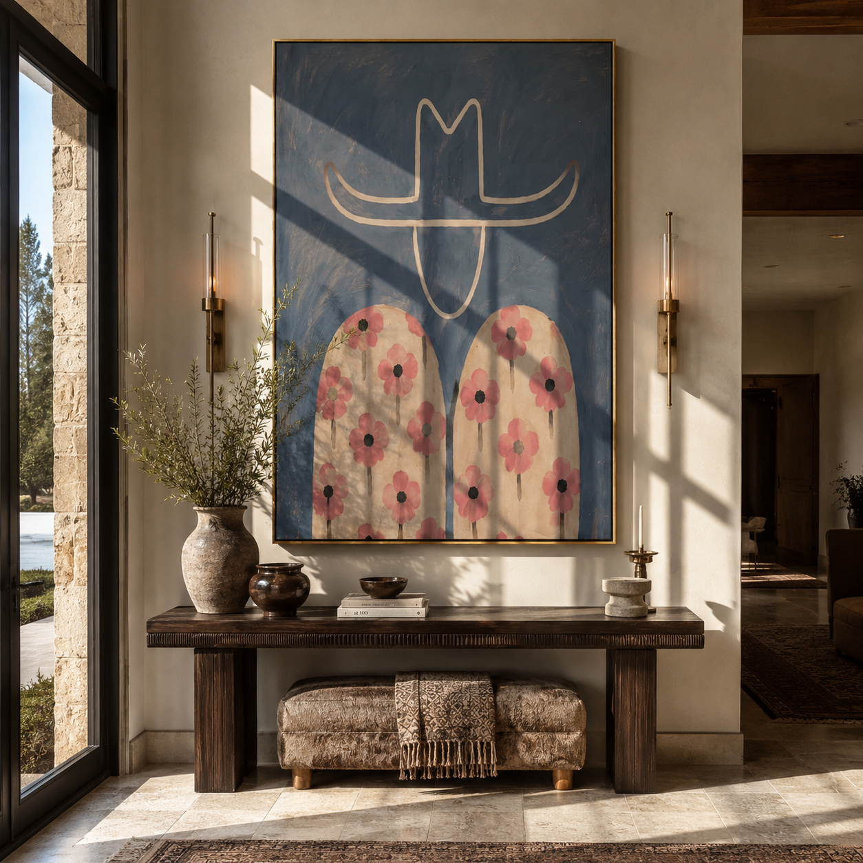 Pink Flowers Cross Blue - floral shirt figure painting by Elliot Vale, modern figurative vertical wall art - styled room scene view 3