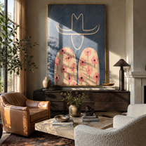 Pink Flowers Cross Blue - floral shirt figure painting by Elliot Vale, modern figurative vertical wall art - styled room scene view 4