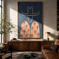 Pink Flowers Cross Blue - floral shirt figure painting by Elliot Vale, modern figurative vertical wall art - styled room scene view 5