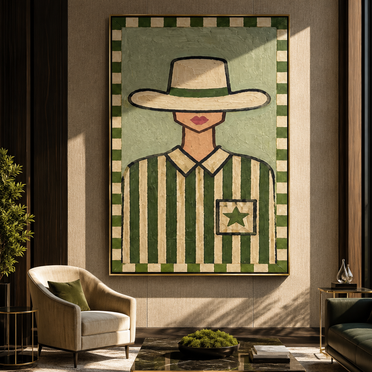 Pocket Star Guards Green - green western shirt painting by Elliot Vale, modern figurative vertical wall art - styled room scene view 1