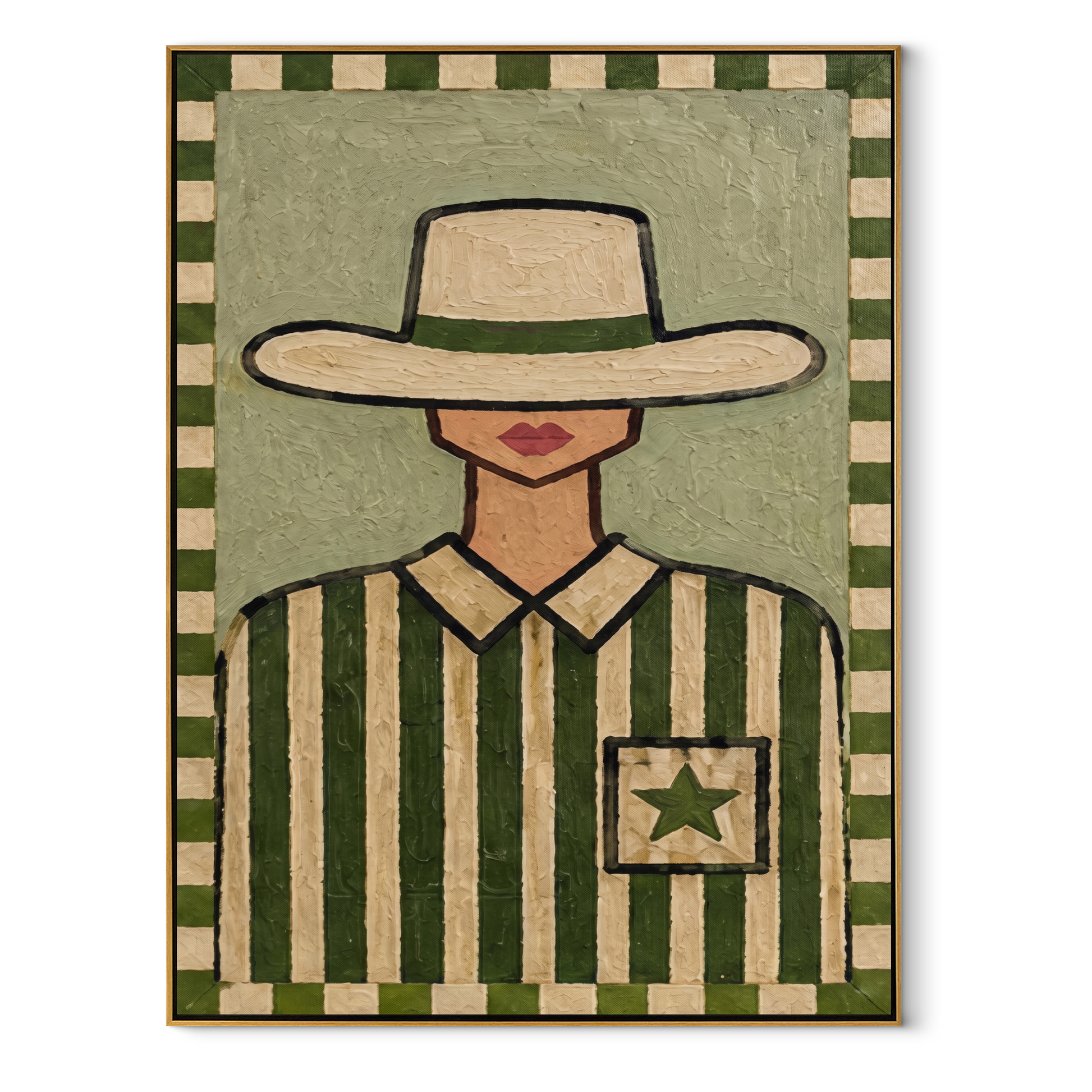 Pocket Star Guards Green - green western shirt painting by Elliot Vale, modern figurative vertical wall art - framed artwork on white background