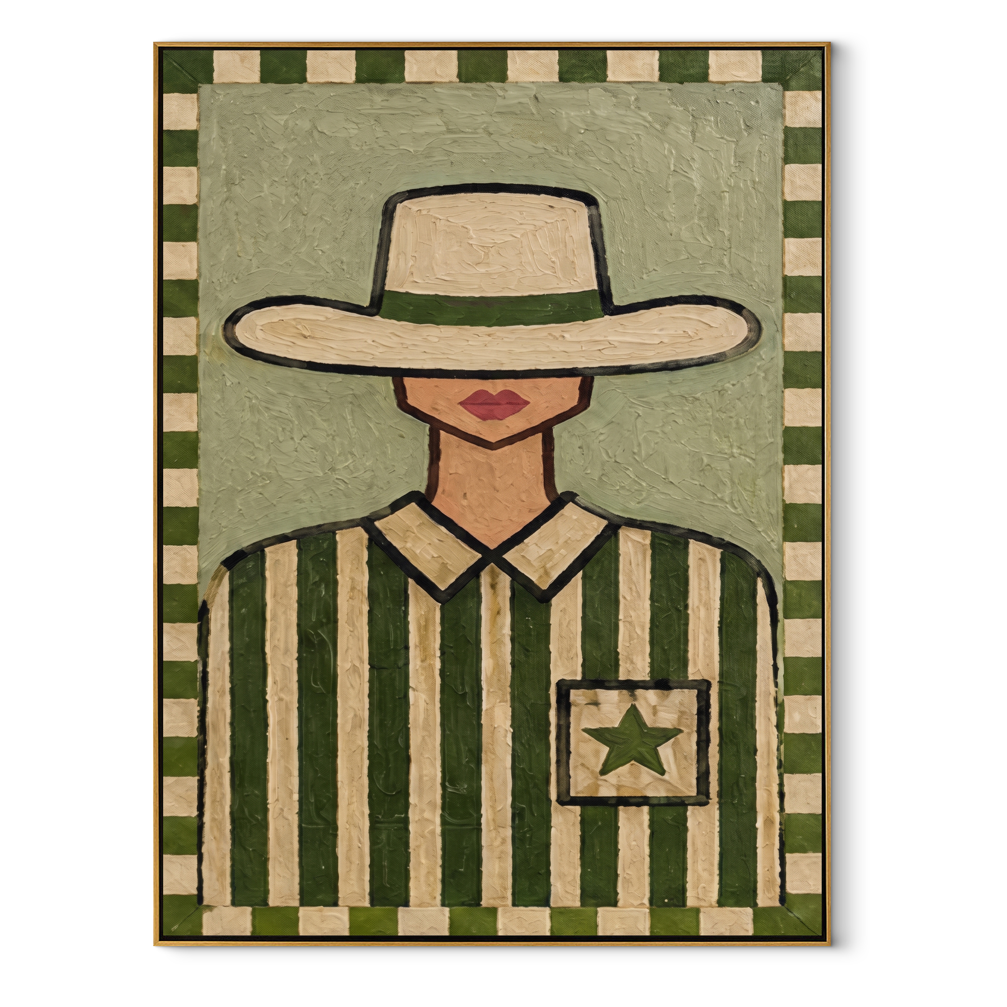Pocket Star Guards Green - green western shirt painting by Elliot Vale, modern figurative vertical wall art - framed artwork on white background