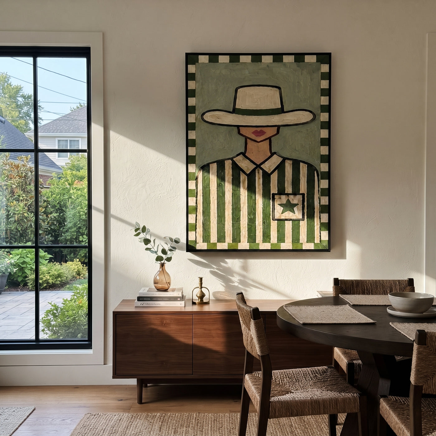Pocket Star Guards Green - green western shirt painting by Elliot Vale, modern figurative vertical wall art - styled room scene view 2