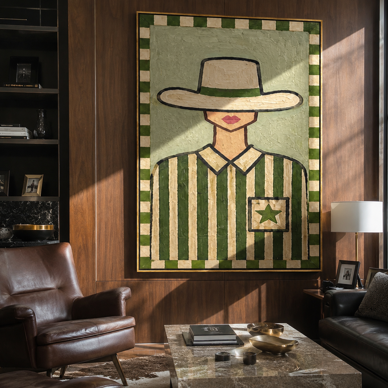 Pocket Star Guards Green - green western shirt painting by Elliot Vale, modern figurative vertical wall art - styled room scene view 3
