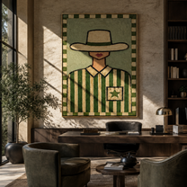 Pocket Star Guards Green - green western shirt painting by Elliot Vale, modern figurative vertical wall art - styled room scene view 4