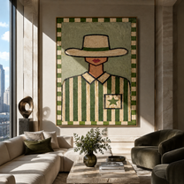 Pocket Star Guards Green - green western shirt painting by Elliot Vale, modern figurative vertical wall art - styled room scene view 5