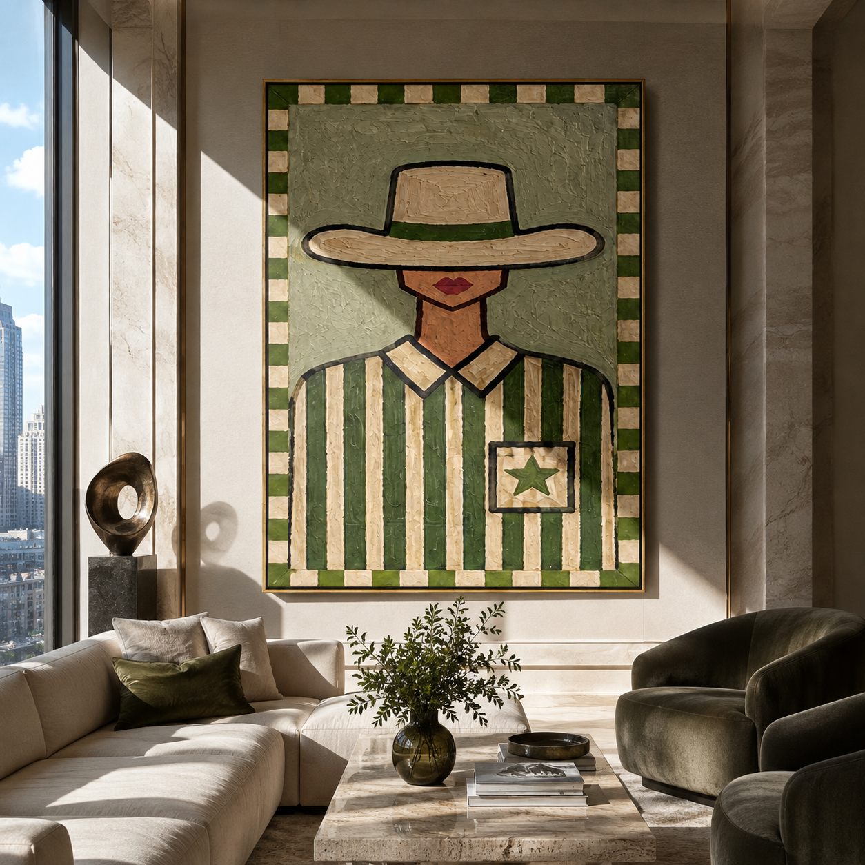 Pocket Star Guards Green - green western shirt painting by Elliot Vale, modern figurative vertical wall art - styled room scene view 5