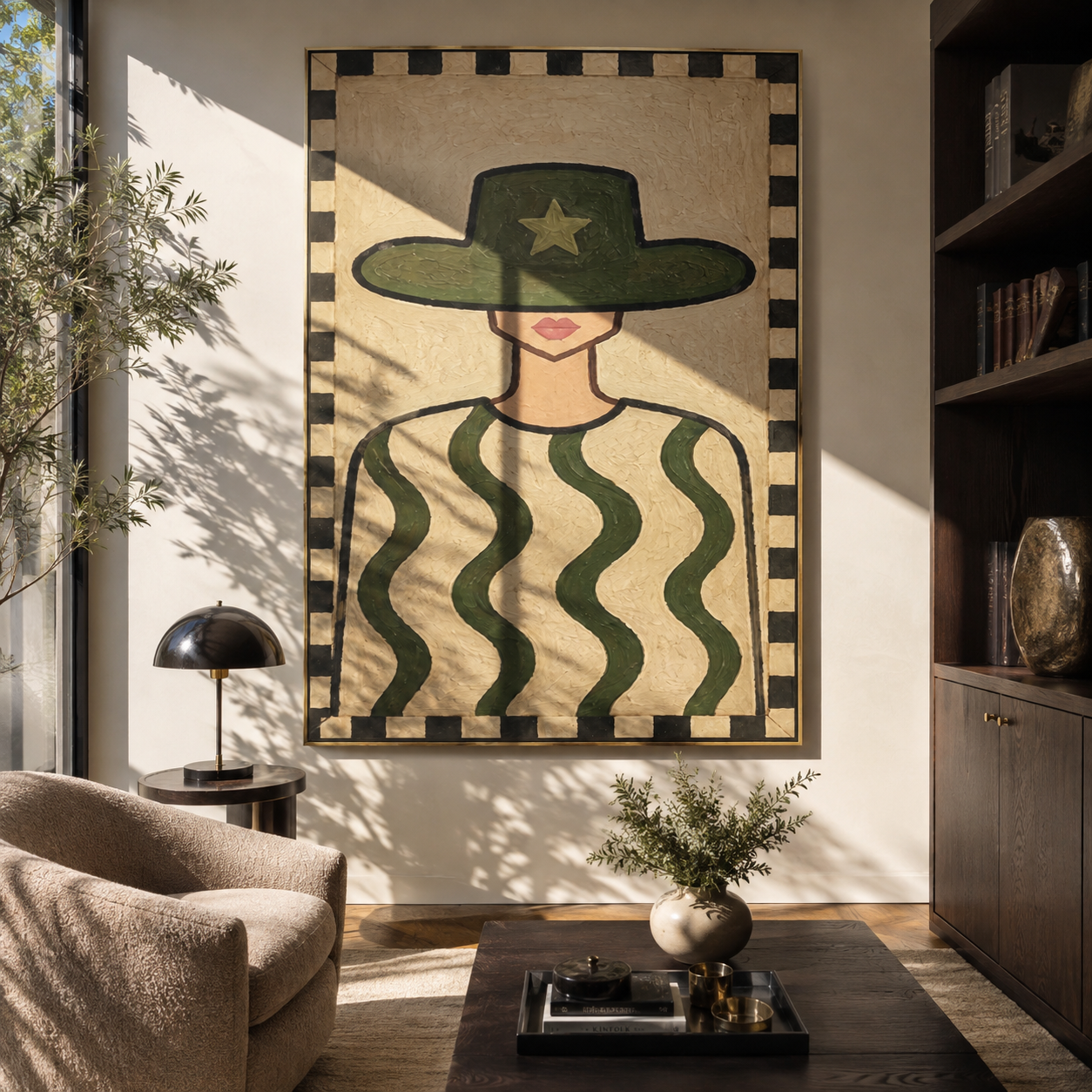 Green Waves Guard Star - green patterned shirt painting by Elliot Vale, modern figurative vertical wall art - styled room scene view 1
