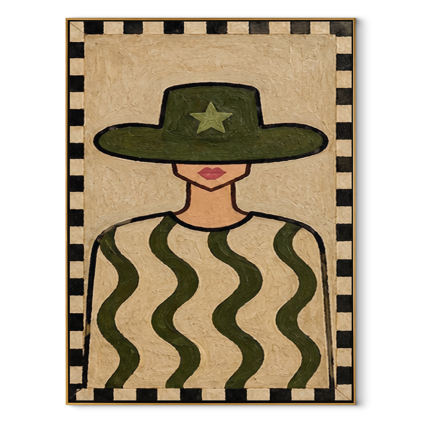 Green Waves Guard Star - green patterned shirt painting by Elliot Vale, modern figurative vertical wall art - framed artwork on white background