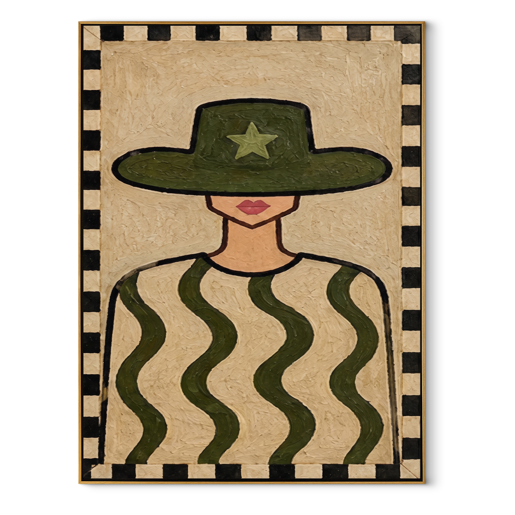 Green Waves Guard Star - green patterned shirt painting by Elliot Vale, modern figurative vertical wall art - framed artwork on white background