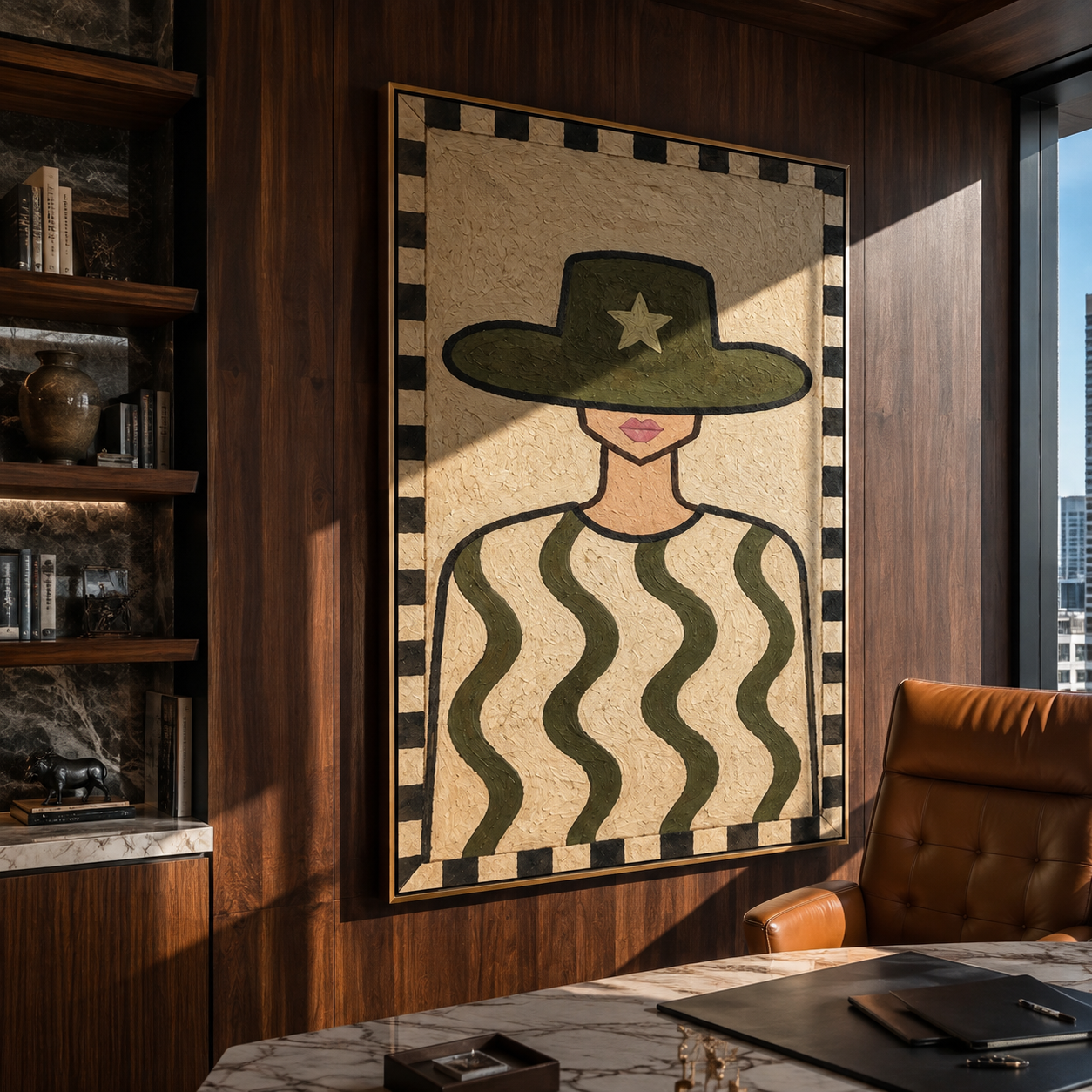 Green Waves Guard Star - green patterned shirt painting by Elliot Vale, modern figurative vertical wall art - styled room scene view 2