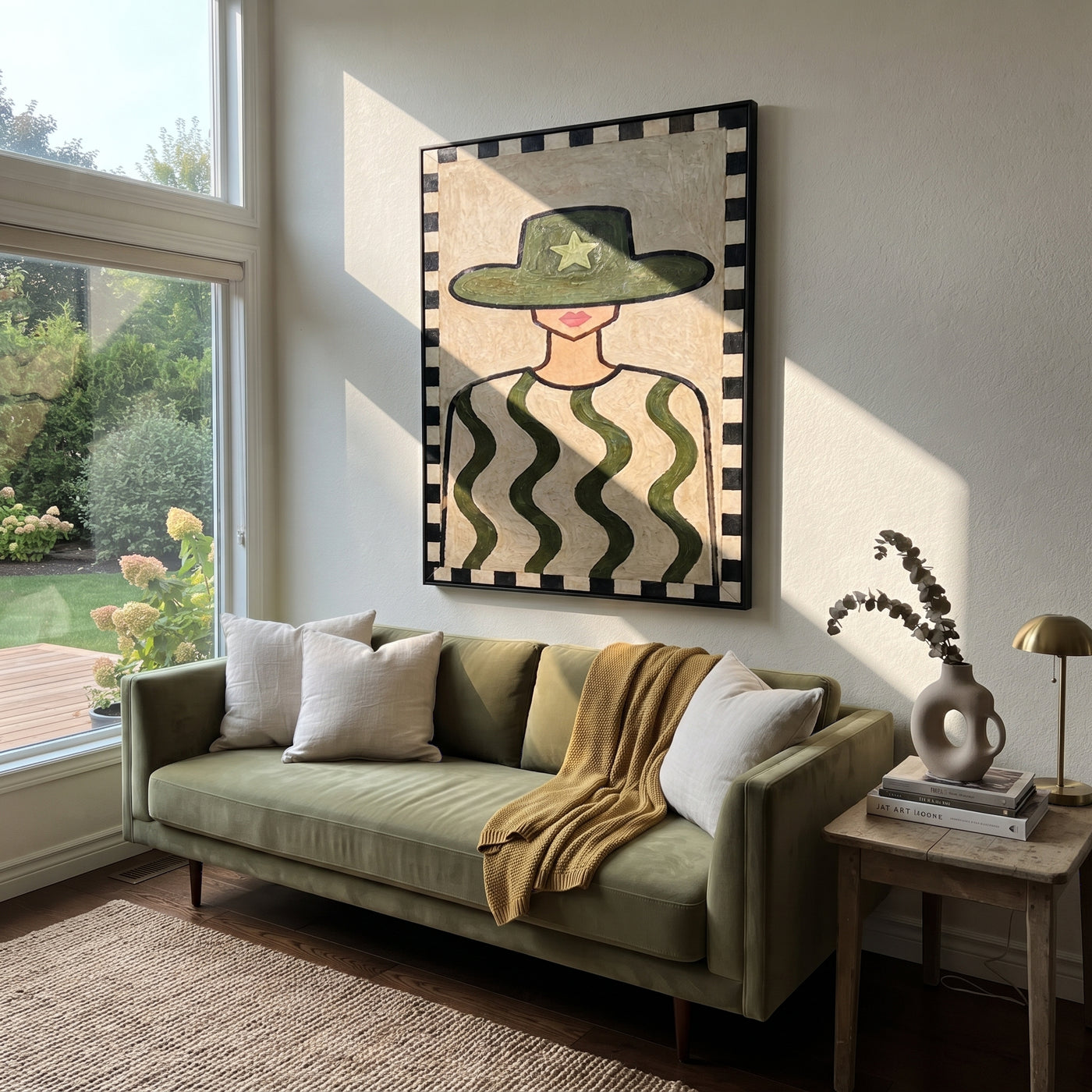 Green Waves Guard Star - green patterned shirt painting by Elliot Vale, modern figurative vertical wall art - styled room scene view 3