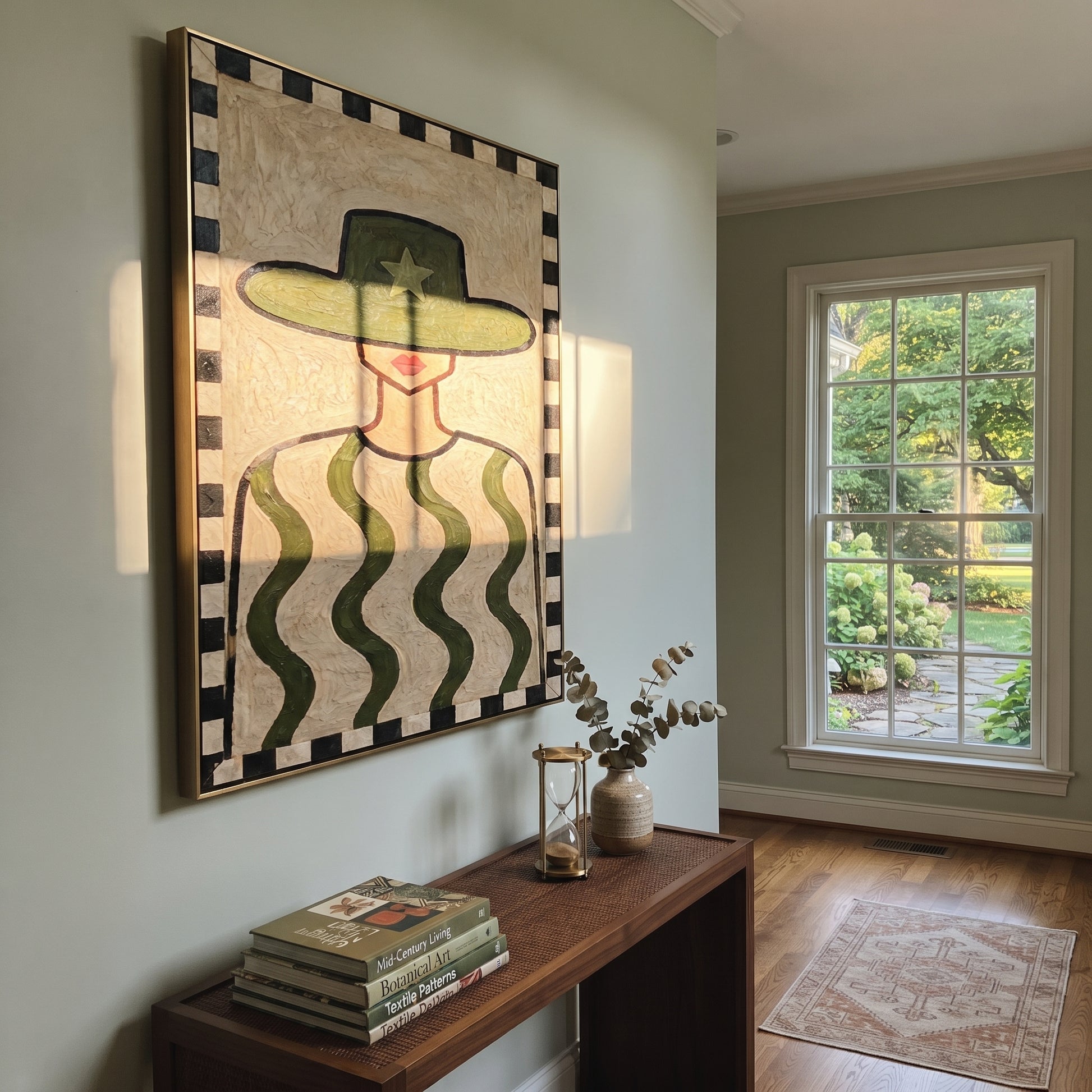 Green Waves Guard Star - green patterned shirt painting by Elliot Vale, modern figurative vertical wall art - styled room scene view 4