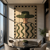 Green Waves Guard Star - green patterned shirt painting by Elliot Vale, modern figurative vertical wall art - styled room scene view 5