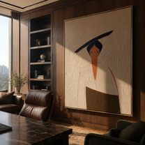 Black Sweep Cuts Ivory - minimal woman portrait painting by Elliot Vale, modern figurative vertical wall art - styled room scene view 2