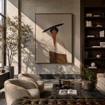 Black Sweep Cuts Ivory - minimal woman portrait painting by Elliot Vale, modern figurative vertical wall art - styled room scene view 3