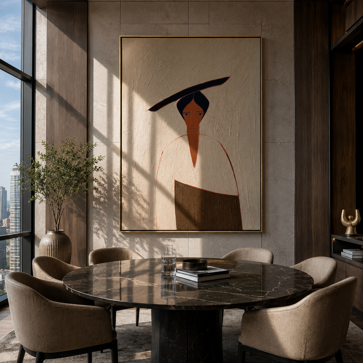 Black Sweep Cuts Ivory - minimal woman portrait painting by Elliot Vale, modern figurative vertical wall art - styled room scene view 4
