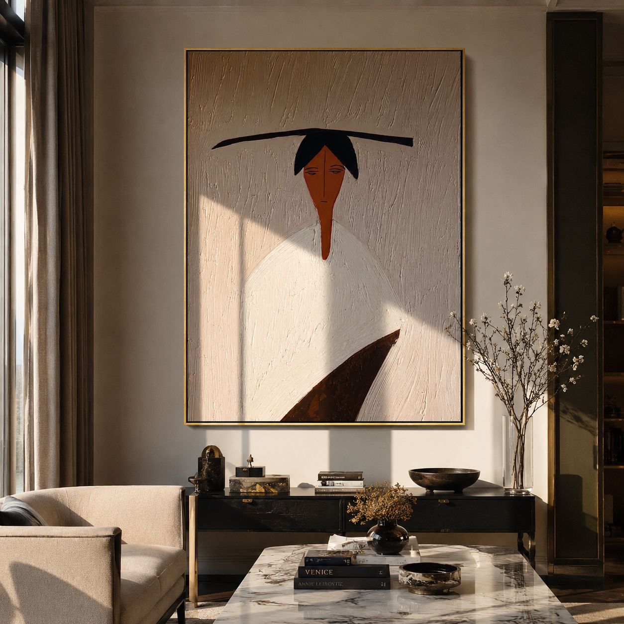 Flat Brim Crosses White - minimal white figure painting by Elliot Vale, modern figurative vertical wall art - styled room scene view 1