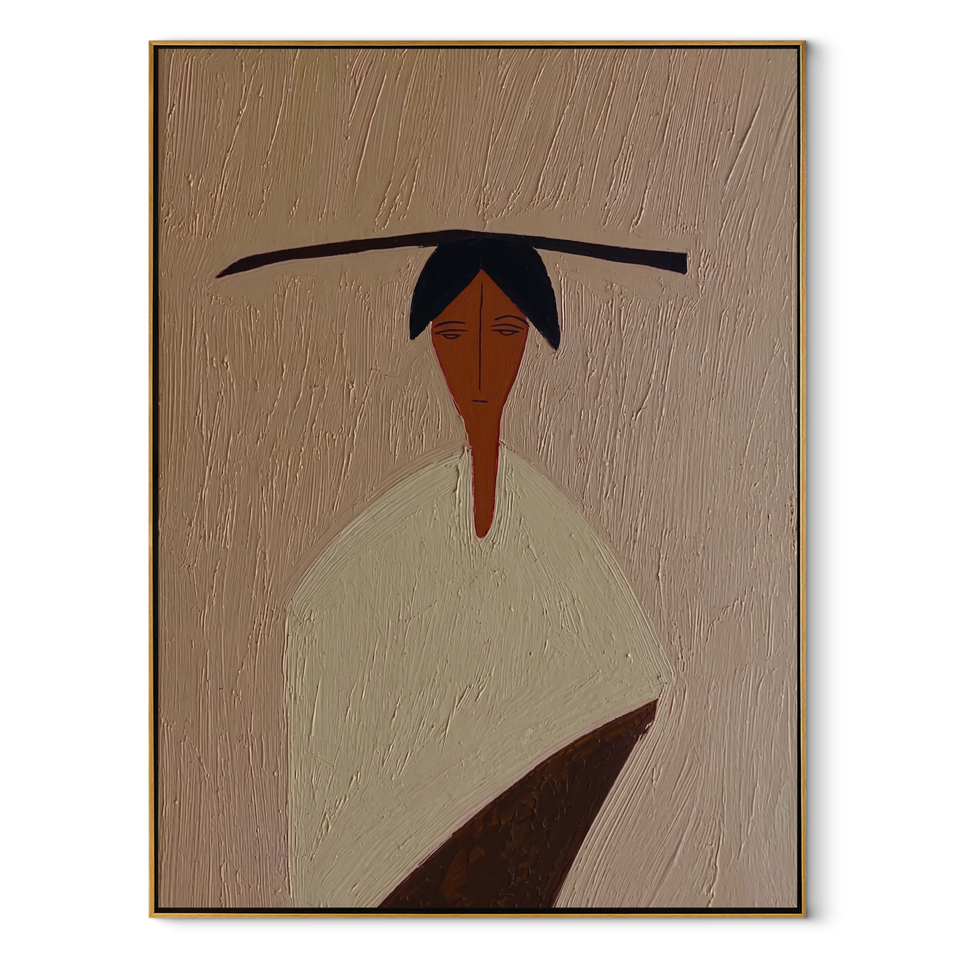 Flat Brim Crosses White - minimal white figure painting by Elliot Vale, modern figurative vertical wall art - framed artwork on white background
