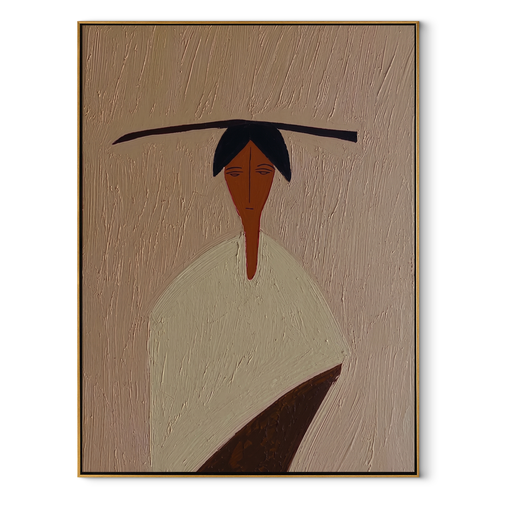Flat Brim Crosses White - minimal white figure painting by Elliot Vale, modern figurative vertical wall art - framed artwork on white background