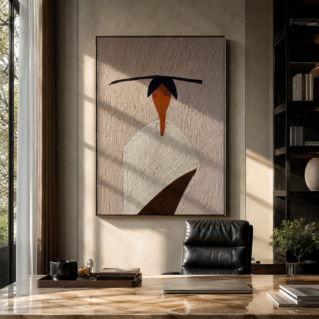 Flat Brim Crosses White - minimal white figure painting by Elliot Vale, modern figurative vertical wall art - styled room scene view 2