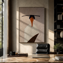 Flat Brim Crosses White - minimal white figure painting by Elliot Vale, modern figurative vertical wall art - styled room scene view 2