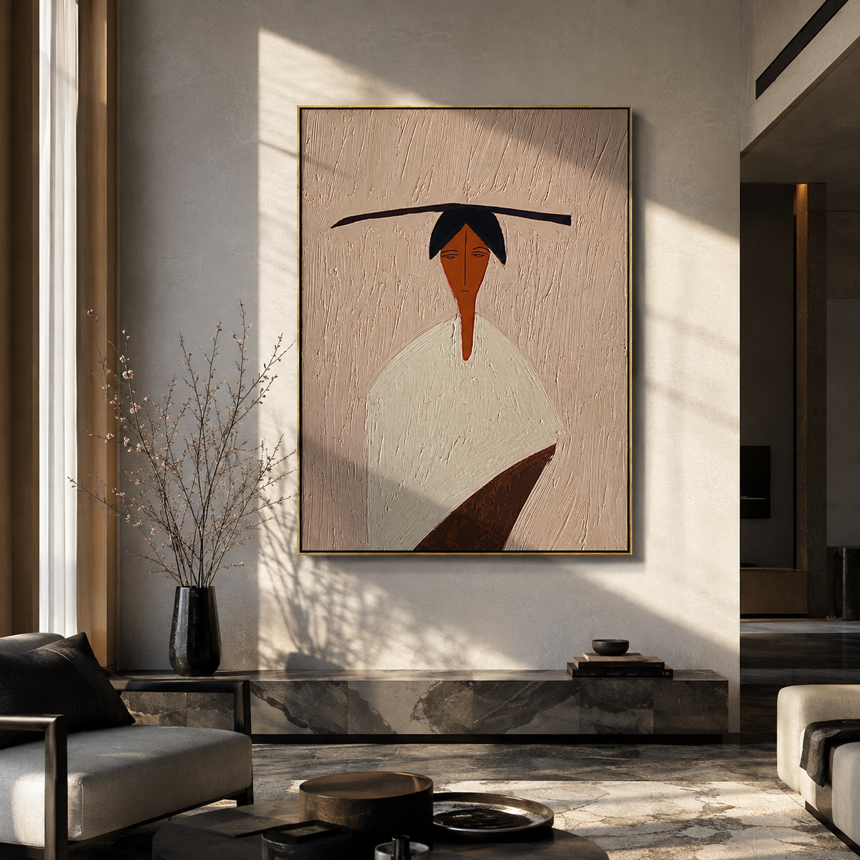 Flat Brim Crosses White - minimal white figure painting by Elliot Vale, modern figurative vertical wall art - styled room scene view 3
